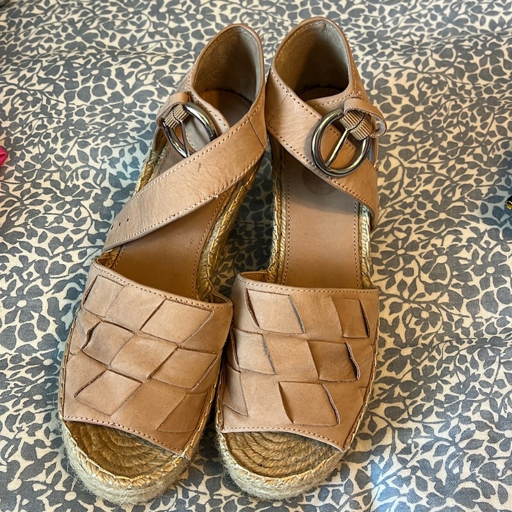 Marc Fisher Tan Leather Woven Espadrille Wedge Sandals